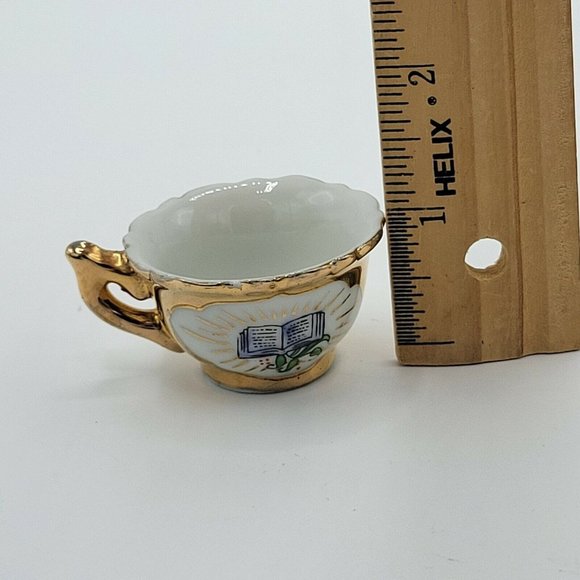 Miniature Teapot And Teacup Vintage Bible Print Religious Gold Plate Doll Teapot - Picture 8 of 12